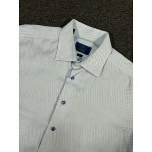 David Donahue Trim Dress Shirt Men's 17.5-34/35 Blue Geometric Print Cotton L/S